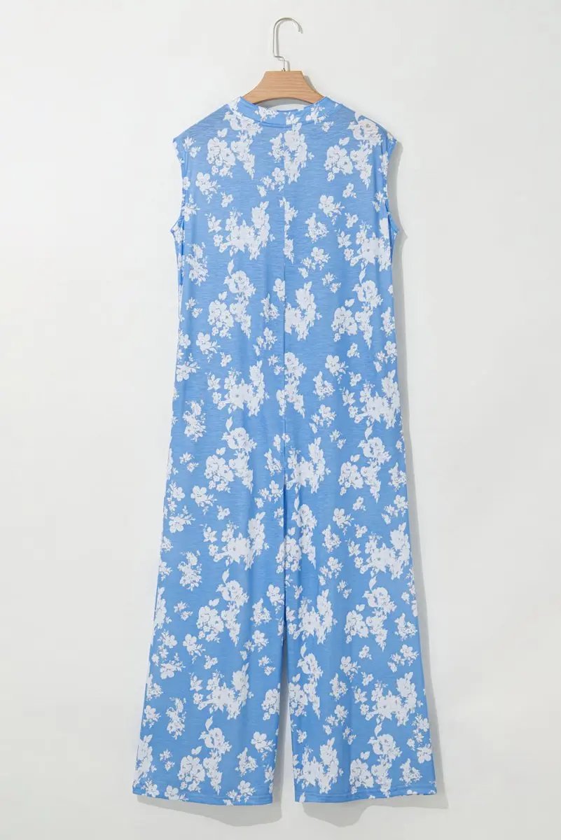 Myosotis Floral Print Half Button Wide Leg Relaxed Jumpsuit - Love Salve